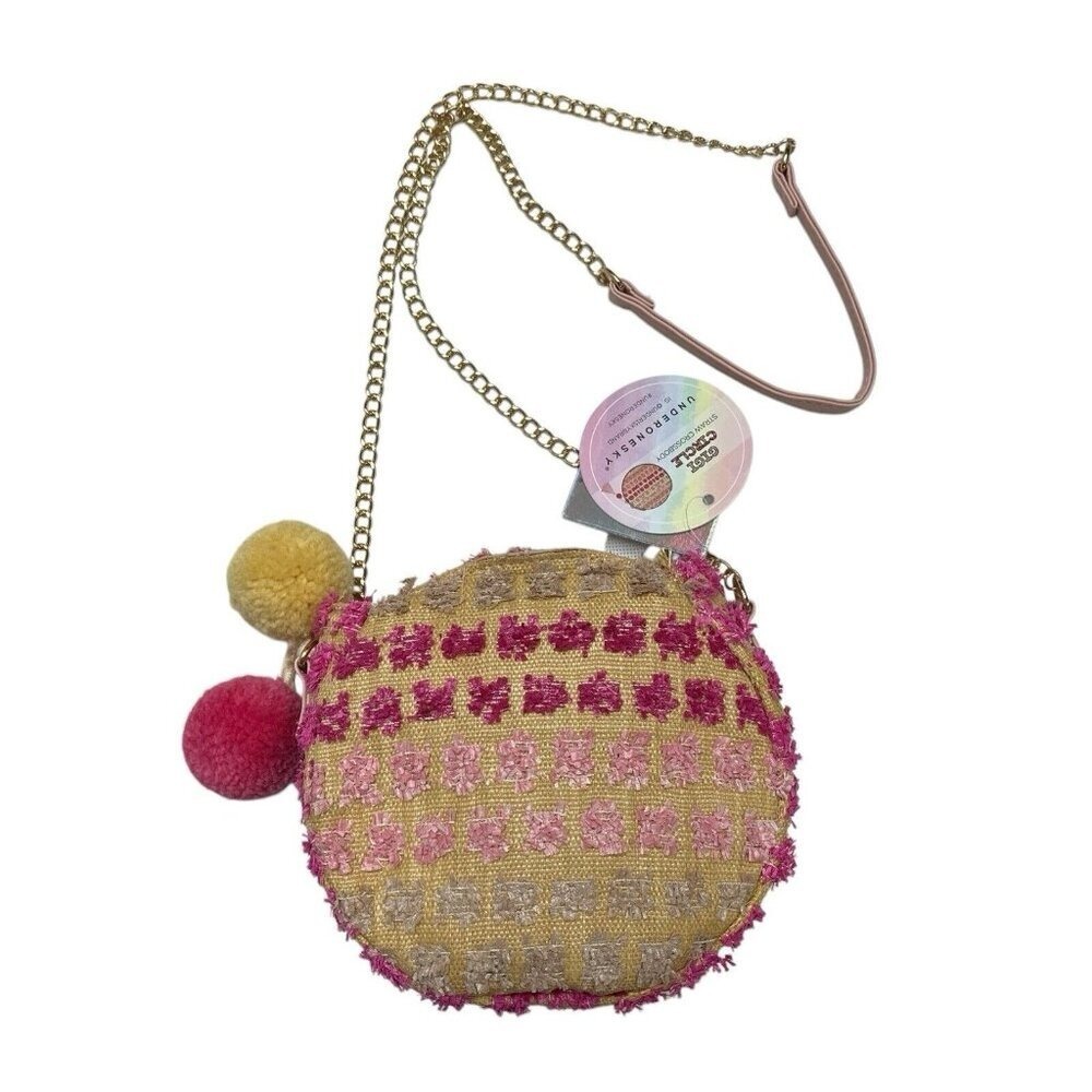 Under One Sky Circle Purse Gigi Straw Crossbody Pink Fringed Pom Pom Resort